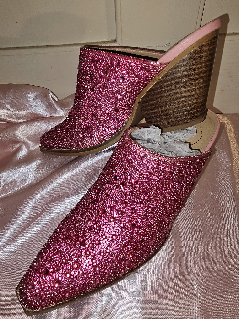 Embellished Pink Slip-On Mules with Stacked Wood Heel